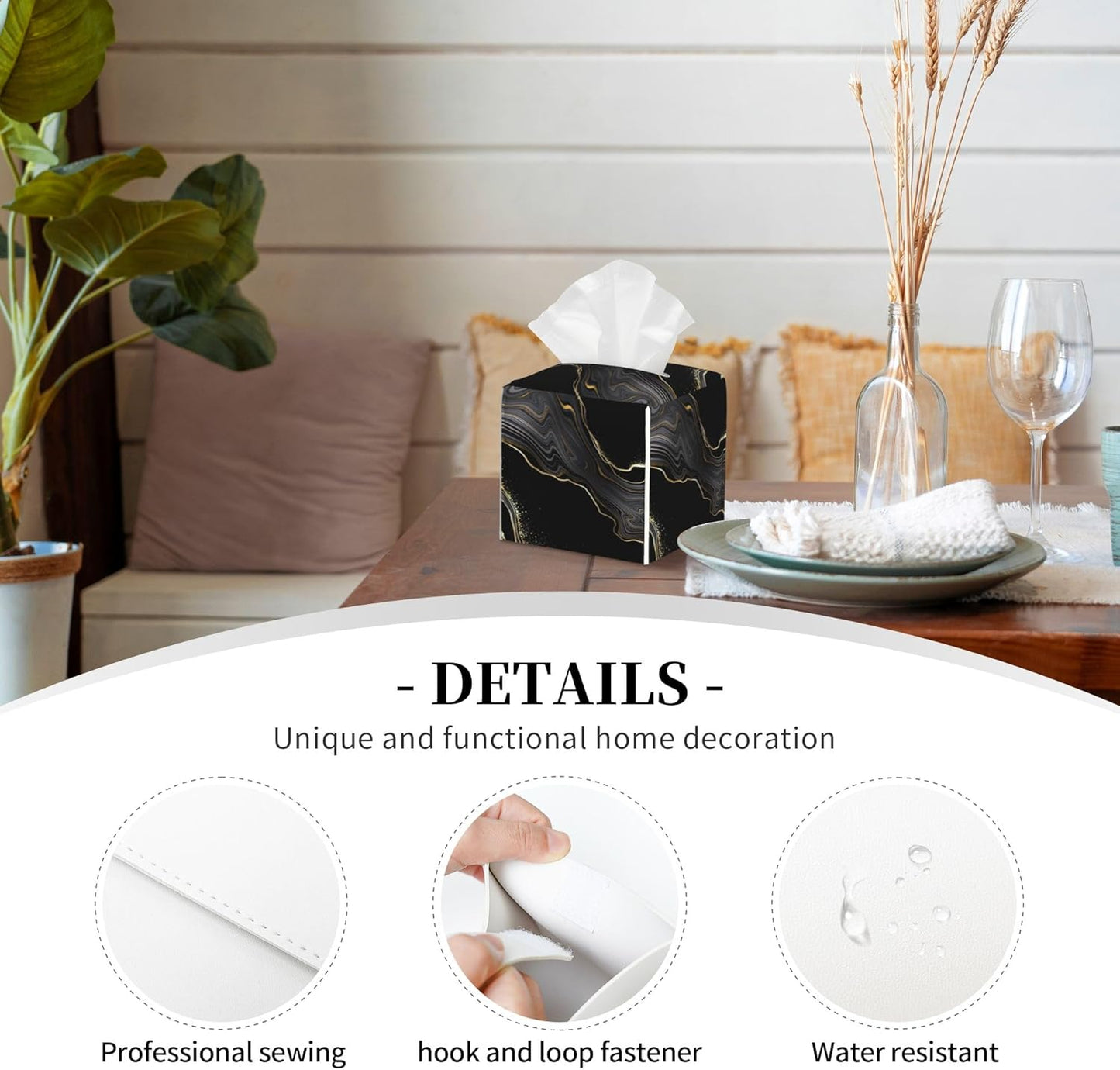 Black Gold Marble Tissue Box Cover Square, Abstract Marble Texture Tissue Box Holder Waterproof Leather Facial Paper Organizer Dispenser for Bathroom Home Car Nightstand Vanity Desk