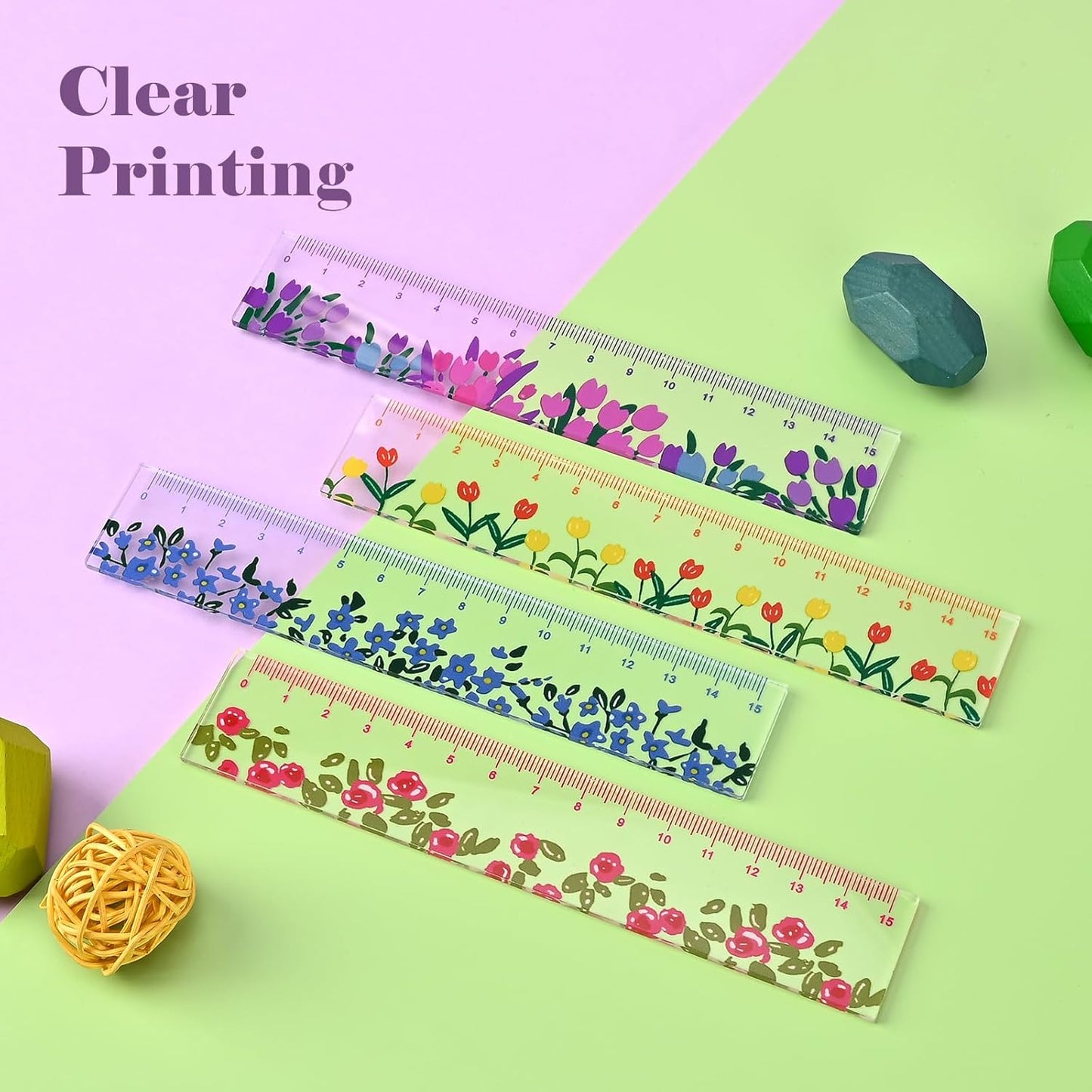 BAYTORY 4 Pcs Plastic Rulers 15 CM, Small Ruler, Measuring Drafting Tools, Acrylic Rulers with Centimeters for School Home Office (Flower)