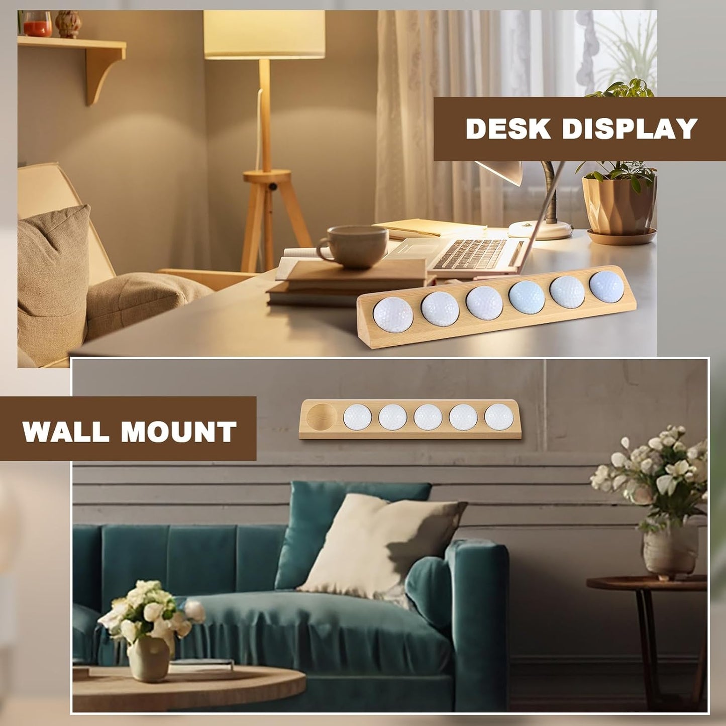 1 Pack Wooden Golf Ball Display Case 6 Standard Size Wall Mount Golf Ball Stand Holder Display for Collector Sport Memorabilia Accessories Gift (Original Wood Color)