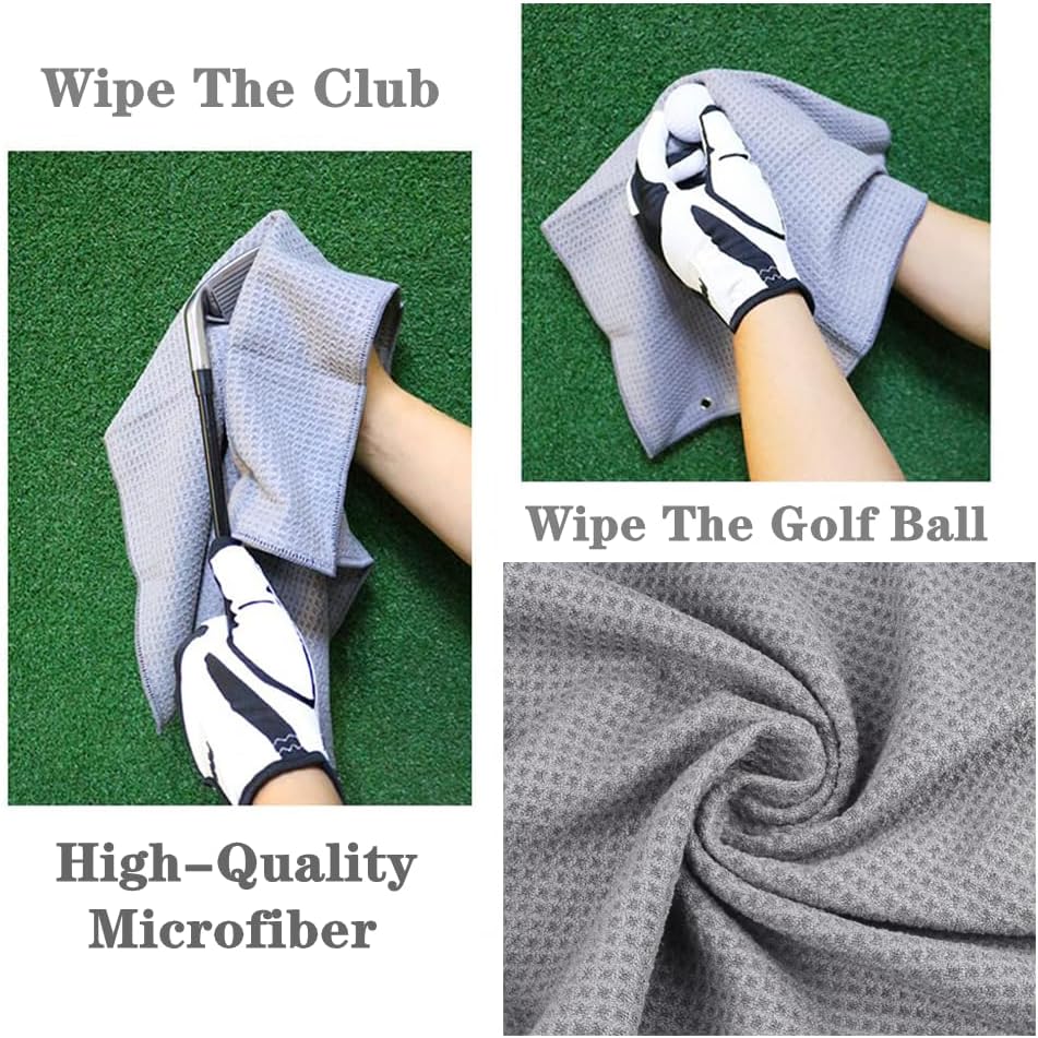 Golf Towels, Golf Towel and Brush Set, with Microfiber Waffle Design Golf Towel 16" X 24" with Hook and Loop Fastenerl and Retractable Zip-line Golf Club Brush (Grey)