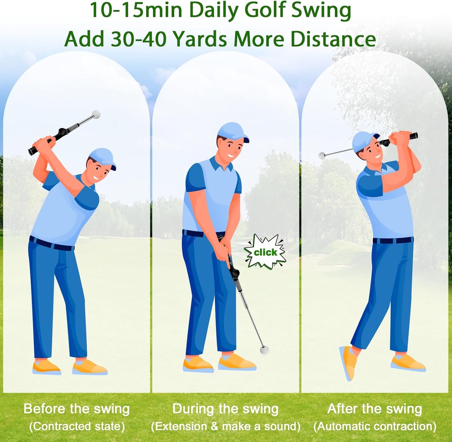 Retractable Golf Swing Trainer with Arm Band,Click Stick Golf Trainer, Right-Handed Training Aid Chipping and Hitting,Portable Indoor/Outdoor Practice (Gifts for Golfers)