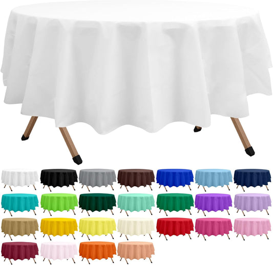 2 Pack White Premium Plastic Tablecloth Round 84 Inches Reusable Snowy White Decorative Table Cover for Dining, Wedding, Party, Indoor and Outdoor use