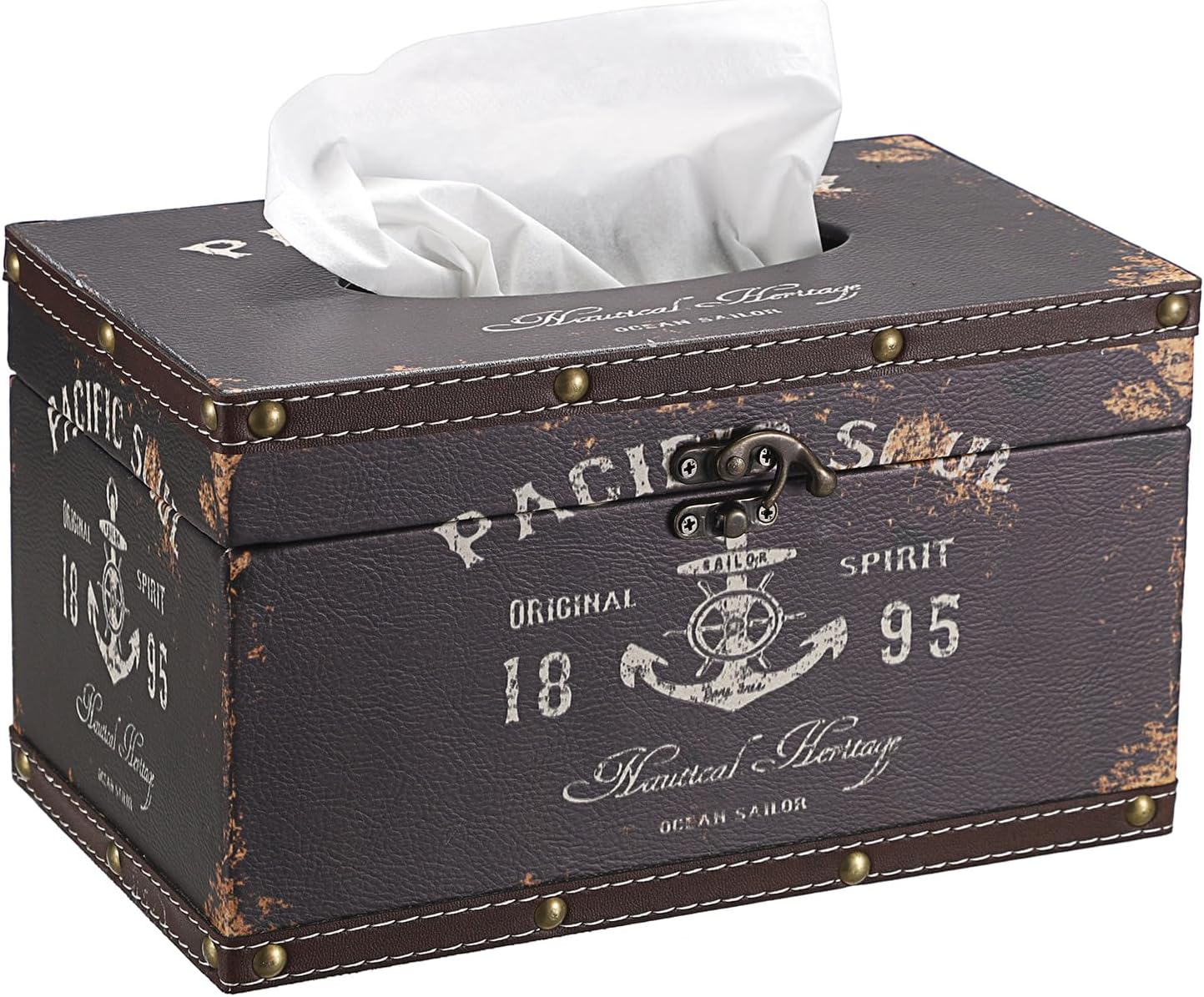 Sumnacon Tissue Box Cover Rectangle Wood Tissue Box with Hinged Lid, Vintage PU Tissue Box Holder Retro Brown Tissue Cover for Bathroom Toilet Bedroom Kitchen Office Table Desk, Large