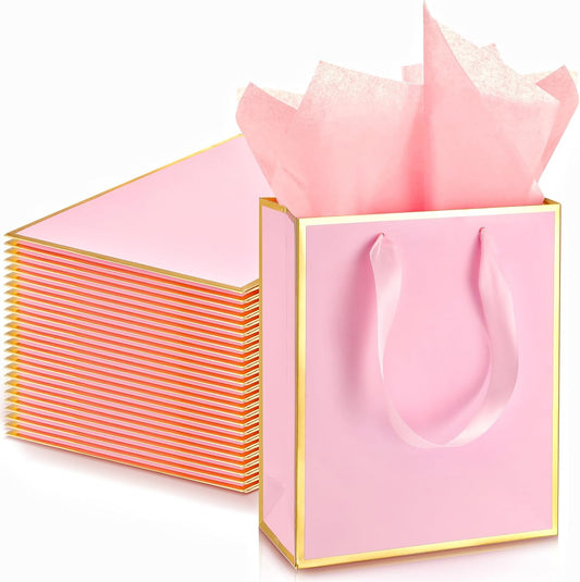 Yeaqee 24 Pack Metallic Paper Gift Bags with Handle and Tissue 9x7x3.1 Gold Foil Welcome Favor Bags Return Gifts for Wedding Fall 5 Senses Christmas Bridesmaid Birthday(Pink Gold)
