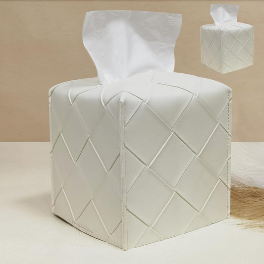 HOMOTEK 2 Pack Tissue Box Cover, PU Leather Tissue Holder,Square Decorative Facial Tissue Cube Paper Organizer Dispenser for Bathroom, Night Stands, Desk, Car 5X5X5'' - Woven Textured, White Ivory