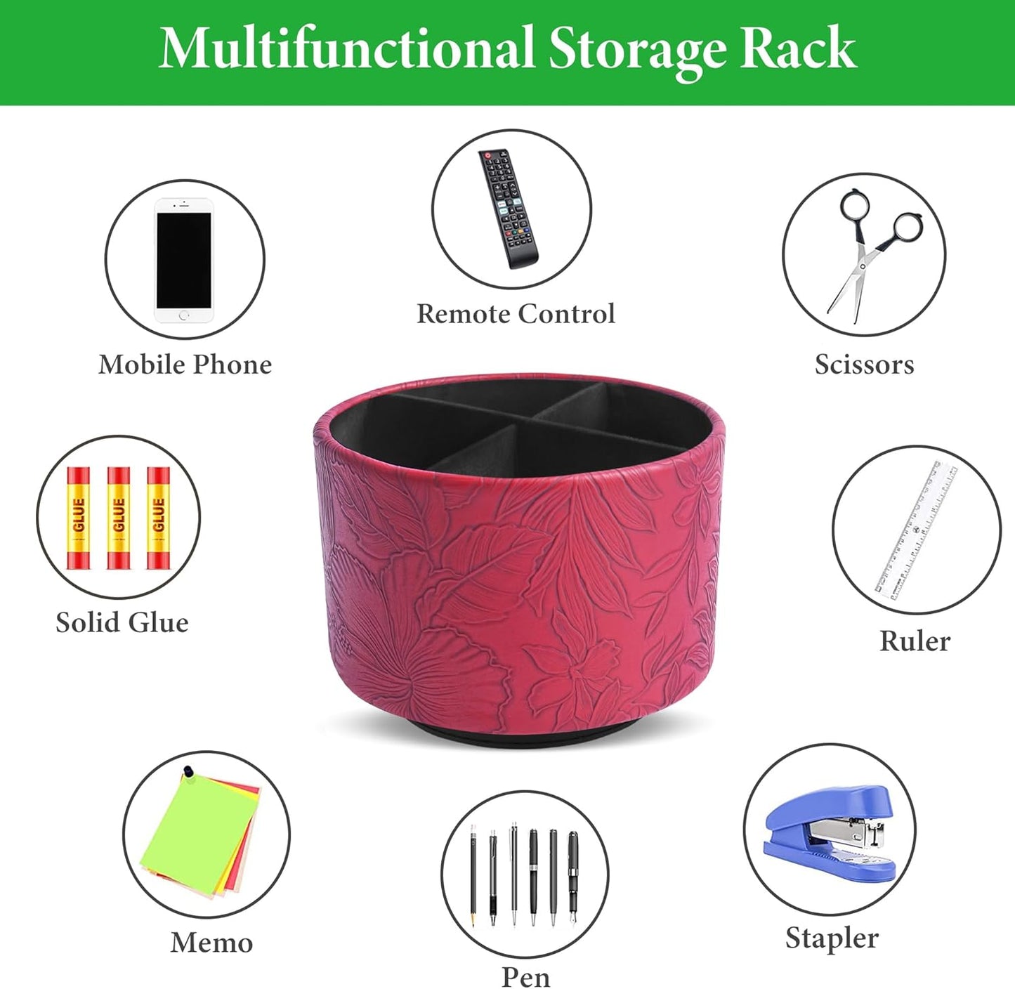 Hennaja Round Leather Art Supply Organizer,Remote Control Holder,360 Degree Spinning,Multi-Functional Pencil Holder,4 Compartments Desktop Stationary Organizer(1-Carved Red)