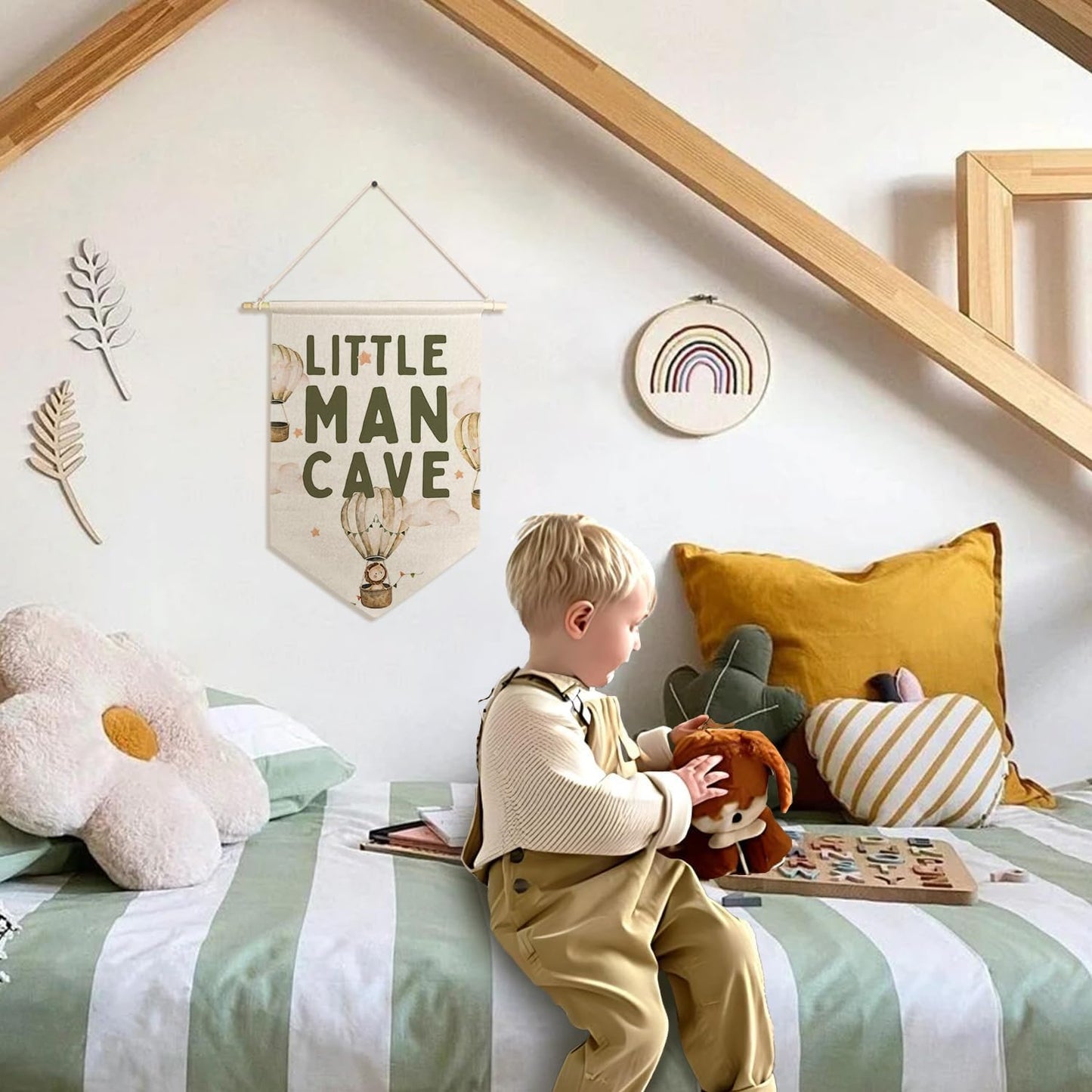 ArtisaEura Little Man Cave Wall Canvas Banners, Hot Air Balloon Nursery Decor, Baby Animal Hanging Display Pennant Banner Flags, Nursery Wall Decor for Kids Boys Room Bedroom Playroom