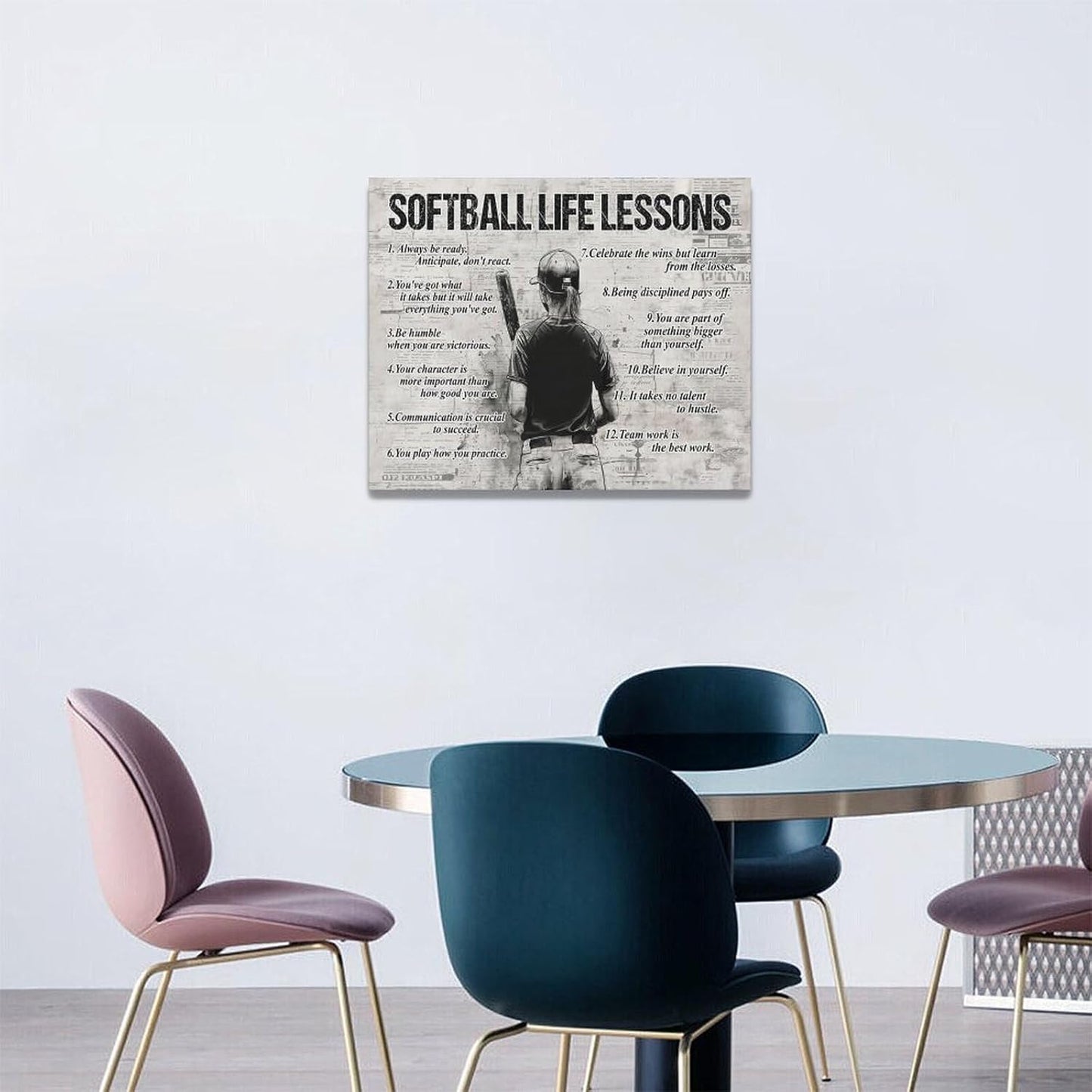 Softball Sports Wall Art Softball Life Lessons Wall Decor Softball Sign Retro Poster Boy Girls Men Room Motivational Decorations Canvas Print Painting Artwork for Bedroom Bathroom Living Room 20"x16"