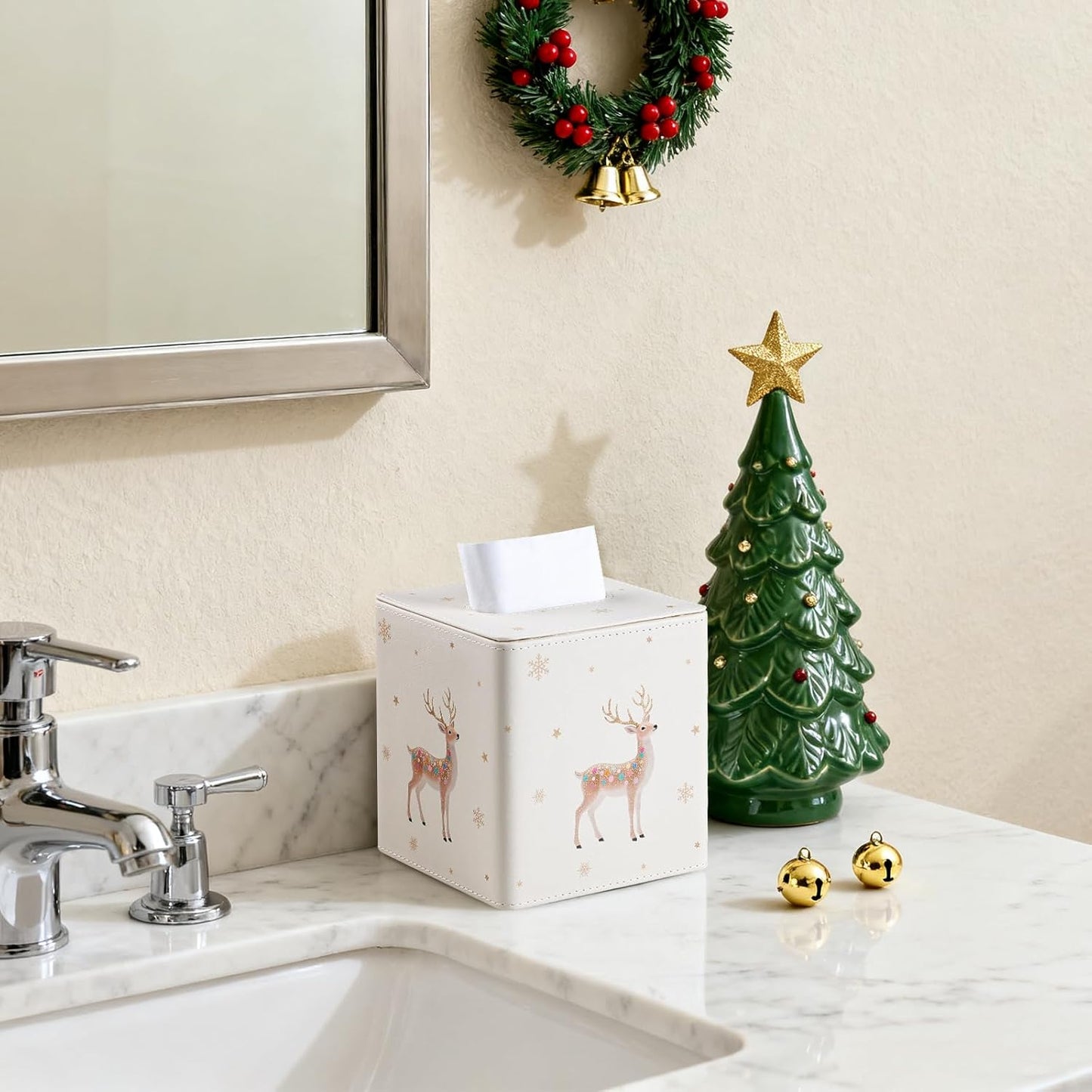 Christmas Tissue Box Cover Square, PU Leather Tissue Box Holder with Magnetic Closure for Bathroom Livingroom Bedroom, Christmas Decorations Cube Tissue Holder (Reindeer)