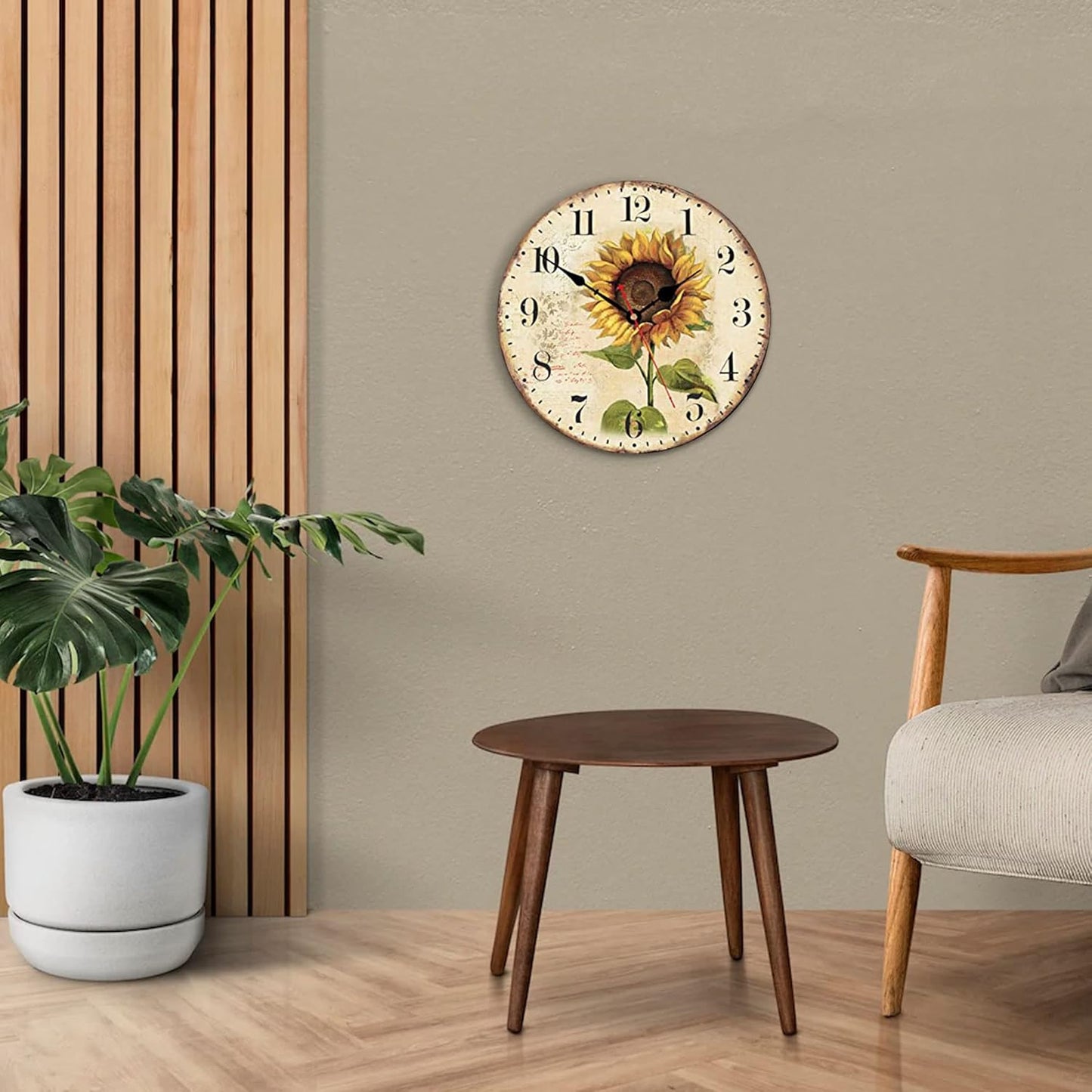 VIKMARI Art Decorative Arabic Numeral Wooden Wall Clock Battery Operated Quartz Silent Round Clocks 14 Inch Sunflower Hanging Clock for Bedroom,Dining Room,Office and Living Room