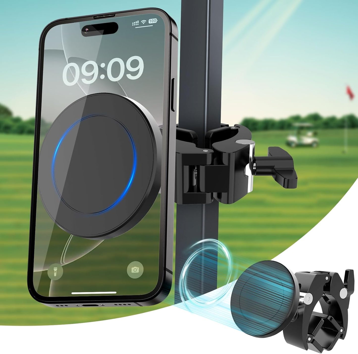 Magnetic Golf Cart Phone Holder, Universal Square Post and Cylinder, Aluminum Metal Golf Phone Holder for MagSafe iPhone and Android Phones