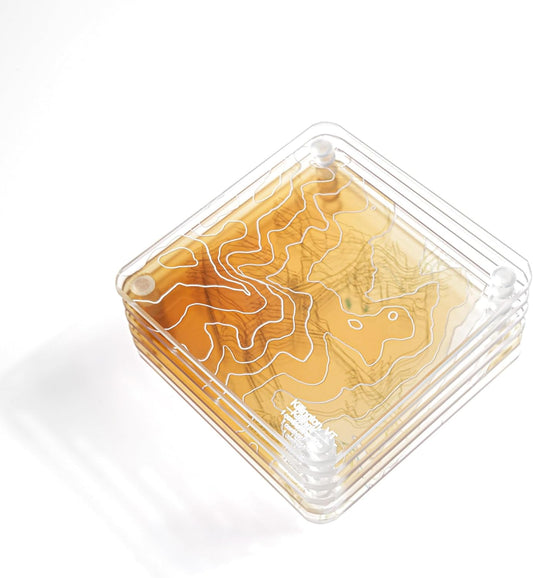 Killington, VT 3D Contour Map Glass Drink Coasters of Mountains, Ski Resort, Set of 6 with Holder, Housewarming Birthday Gifts, Home Décor