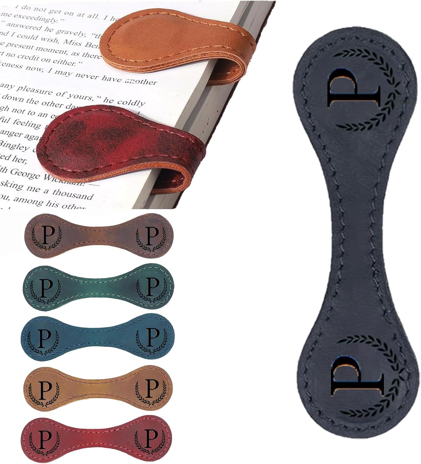 Personalized Magnetic Leather Bookmark, 26 Letters Custom Leather Bookmarks, Handmade, Leather Magnetic Bookmark for Book Lovers Readers Women Kid(Black，P）