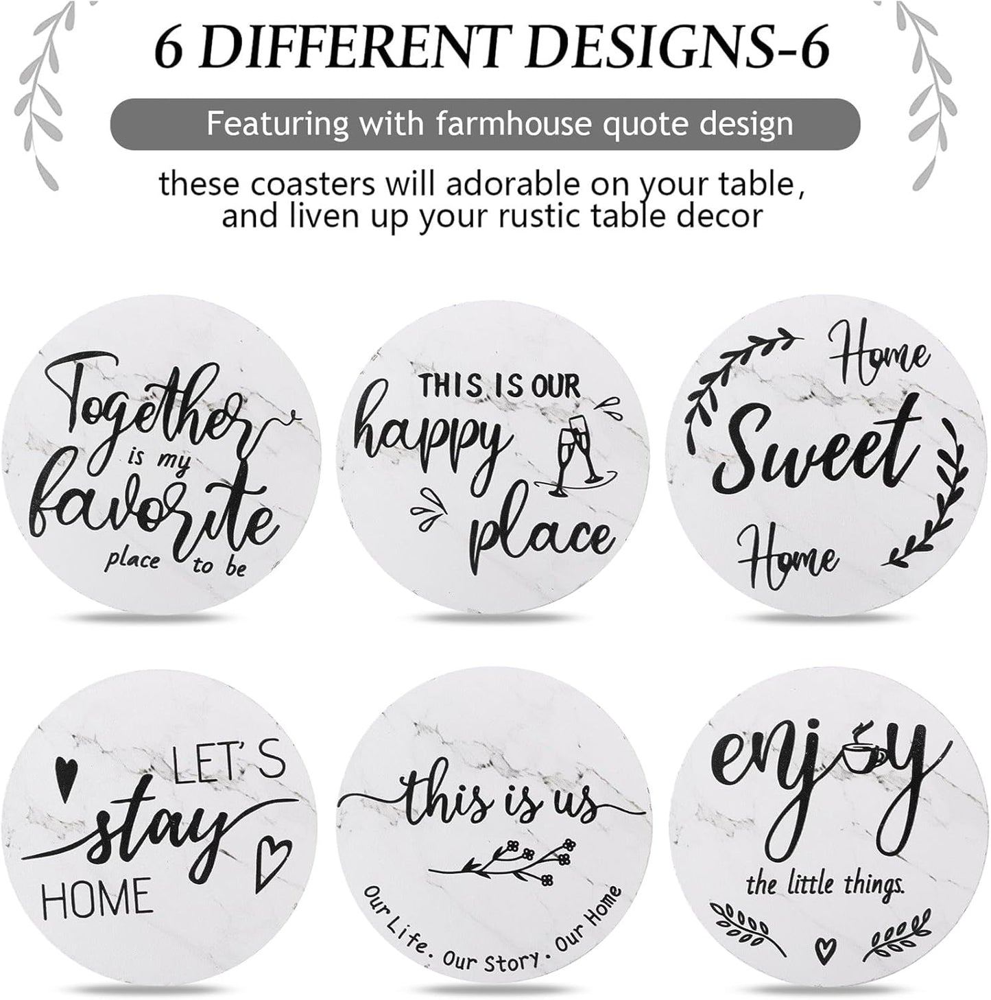Queekay Housewarming Gifts for Home Decoration Wooden Heart Coasters for Drinks 6 Set Farmhouse Coasters with Holder Funny for Family Coffee Table Protection, 4''(White Marble)