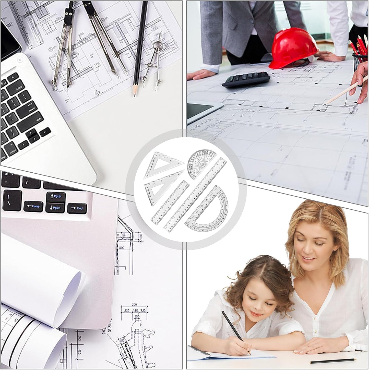 Plastic Clear Ruler Math Set, 2 Protractors 180 Degree 2 Triangle Rulers 45 | 60 Degree 2 Straight Rulers 5.9" | 11.8" Long, Drafting Ruler Geometry Ruler Measuring Tool for School Office Home Supplie