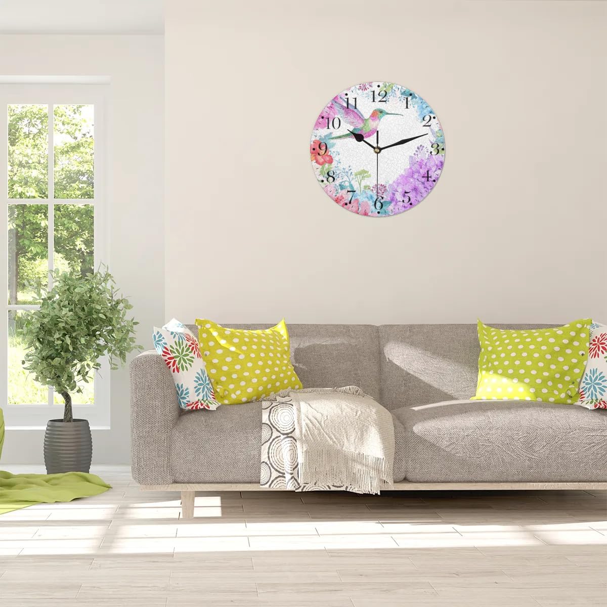 Birds and Flowers Wall Clock - Birds Silent Non Ticking Battery Operated, Modern Decorative Style Clock Easy to Read for Living Room Kitchen Bedrooms Office Home Decor Hallway