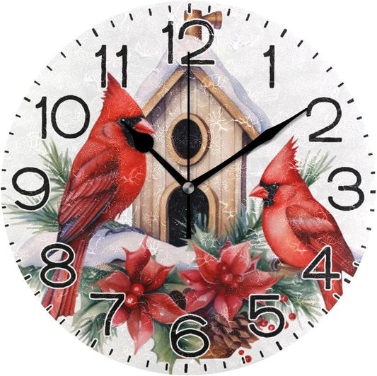 ALAZA Birds Christmas Poinsettia Flowers Birdhouse Wall Clock Battery Operated Non Ticking Silent Quartz Analog Rustic Farmhouse Round Clock Retro Decor for Home Kitchen Living Room Bathroom