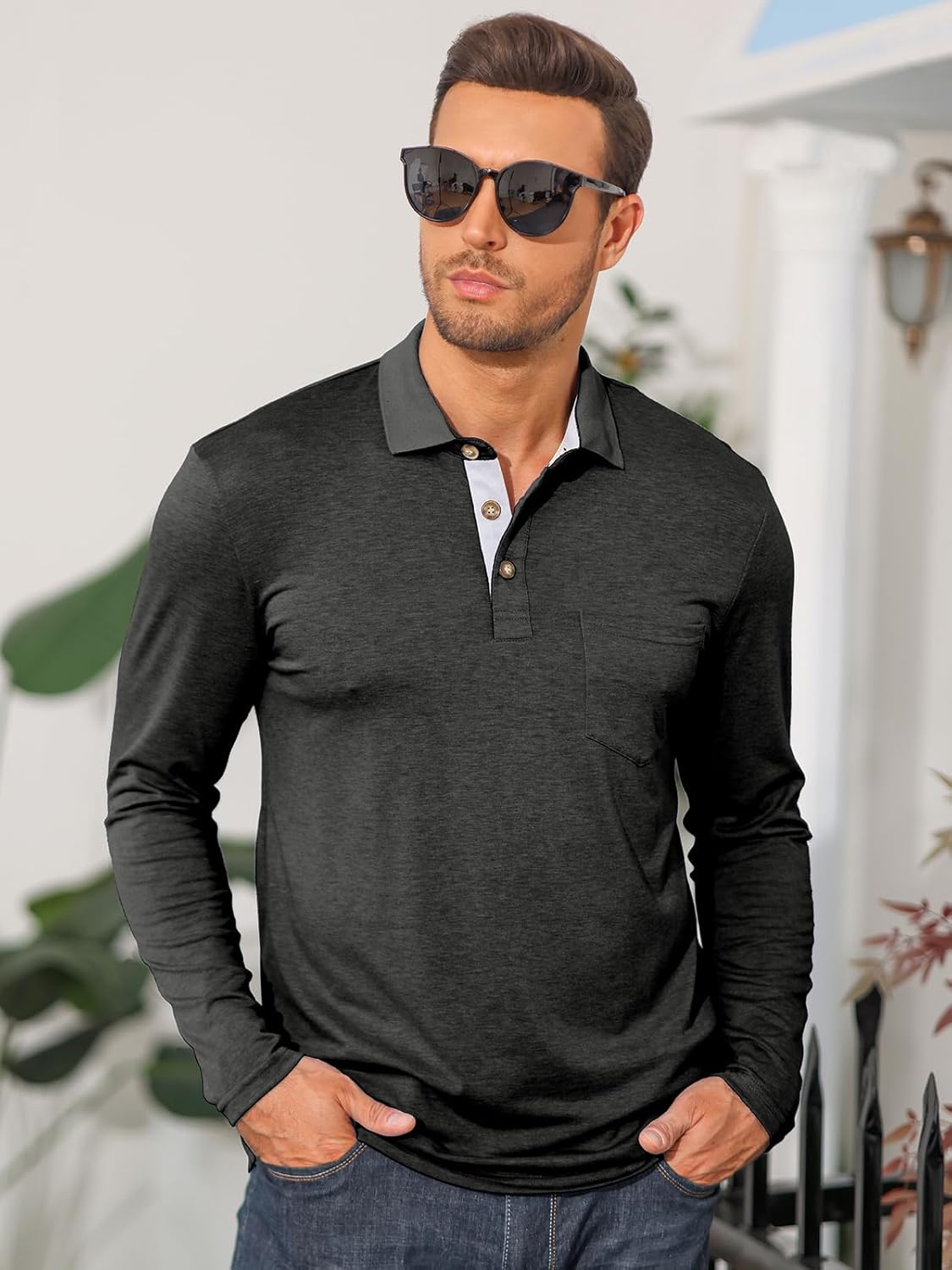 Mens Long Sleeve Polo Shirts Casual Moisture Wicking Golf Polo Shirts with Pocket