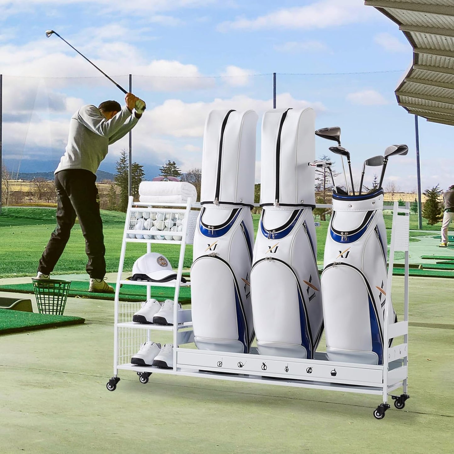 Lauren&Harold Golf Bag Organizer Garage Storage, Golf Storage Rack Stand Fits 2 Golf Bags, Golf Clubs and Other Golfing Equipment Accessories, Golf Organizer for Garage, Club, Shed, Basement