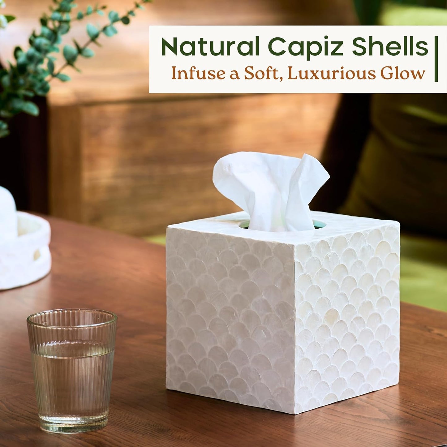 5.9” Capiz Tissue Box Cover, Square Decorative Tissue Holder with Bottom Slider, Handmade Bathroom Accessories, Elegant White Cube for Vanity, Bedroom, Office & Coastal Décor (Natural)
