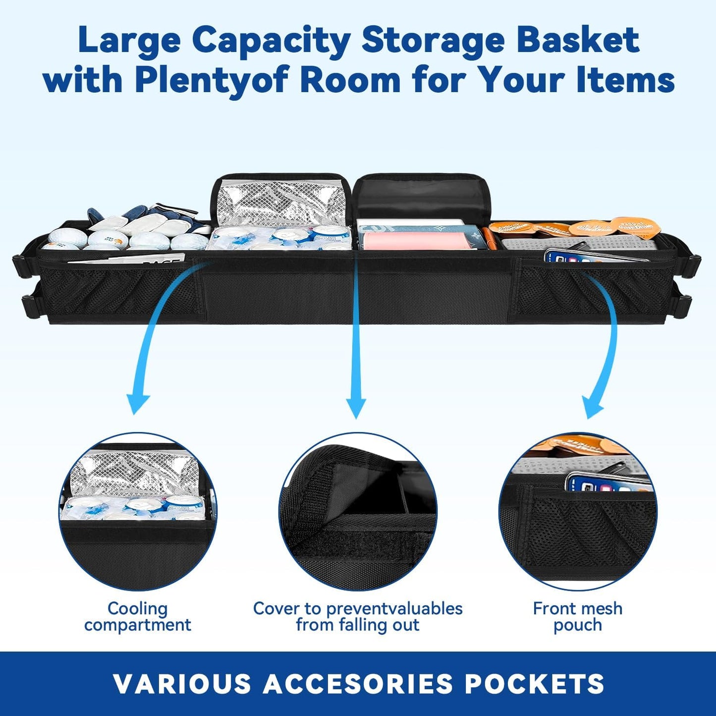 Golf Cart Front Storage Basket Tray - No-Drilling Installation, Cooling Compartment - Compatible with EZGO, Club Car, Kandi Golf Cart Organizer