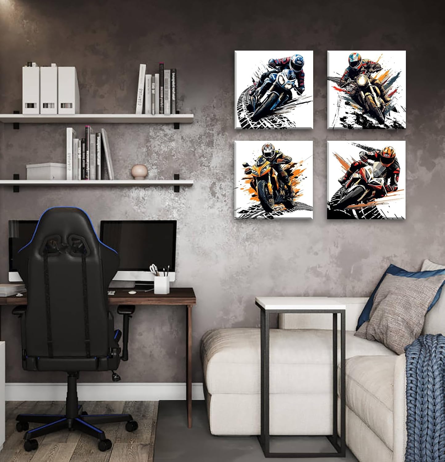 Motorcycle Wall Art Boys Room Decor Graffiti Motocross Posters Motorcycle Canvas Prints Pictures for Mens Cave Dirt Bike Lovers Bedroom Game Room Decoration Framed and Ready to Hang 12"×12" × 4 Pcs