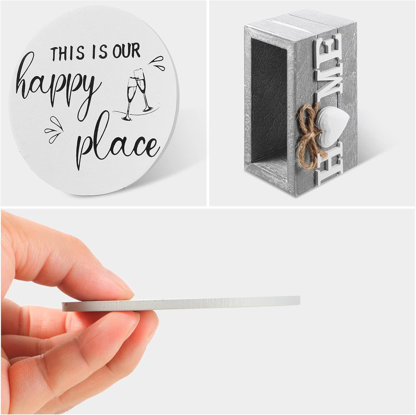 Queekay Housewarming Gifts for Home Decoration Wooden Heart Coasters for Drinks 6 Set Farmhouse Coasters with Holder Funny for Family Coffee Table Protection, 4''(White,Gray)