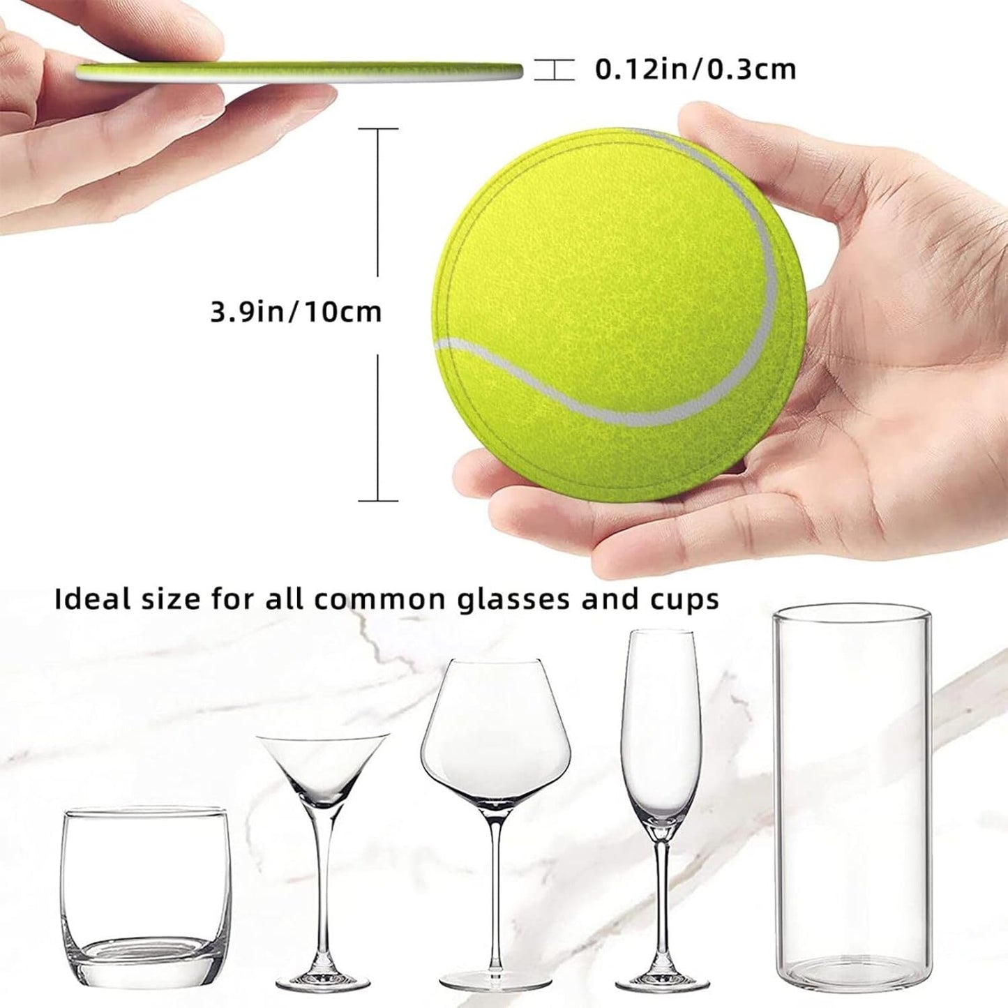 6 Pcs Tennis Ball Drink Coasters with Holder Coasters for Drinks Coffee Table Home Decor Housewarming Gift