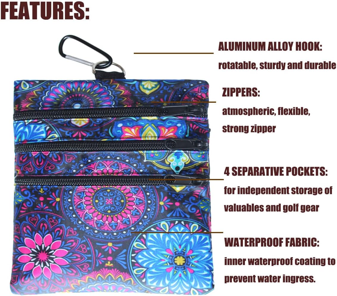 Golf valuables Pouch, Zipper Golf Ball Bag with 4 Pockets, Golf Accessories Pouch for Storing Balls,tees,Mobile Phone,Keys, Cards and Cash, Great Gift for Golfers