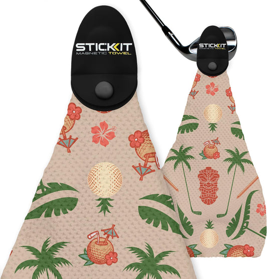 STICKIT Magnetic Sandy Tiki Golf Towel | Top-Tier Microfiber Golf Towel with Deep Waffle Pockets | Industrial Strength Magnet for Strong Hold to Golf Carts or Clubs