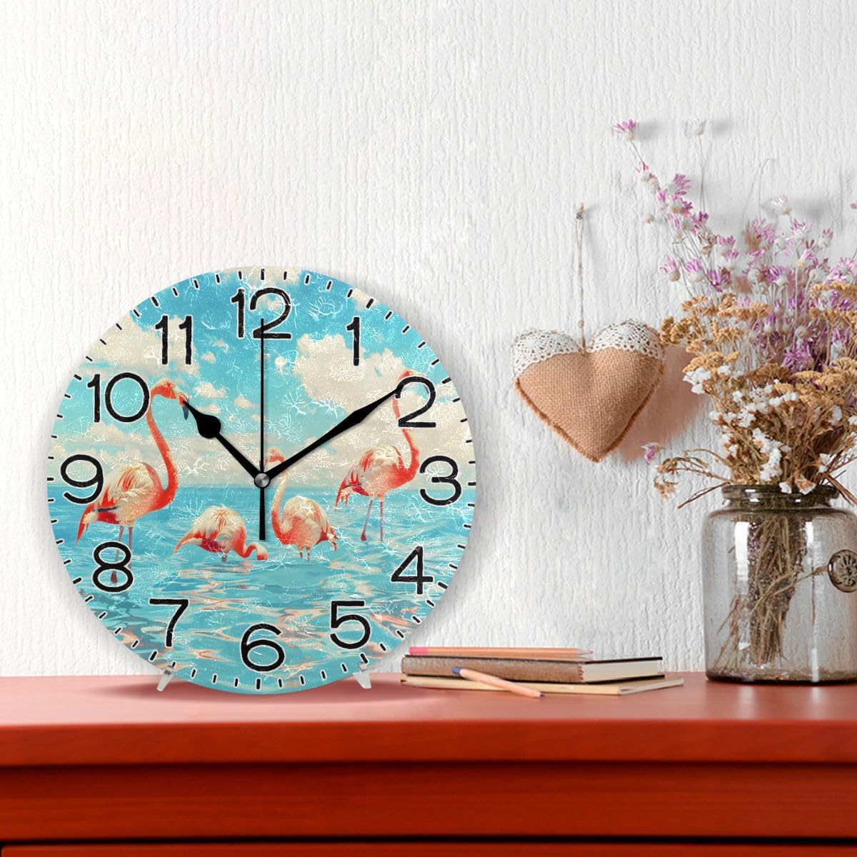 Flamingos Wall Clock Battery Operated Non Ticking Silent Quartz Analog Rustic Farmhouse Round Clock Retro Decor for Home Kitchen Living Room Bathroom4