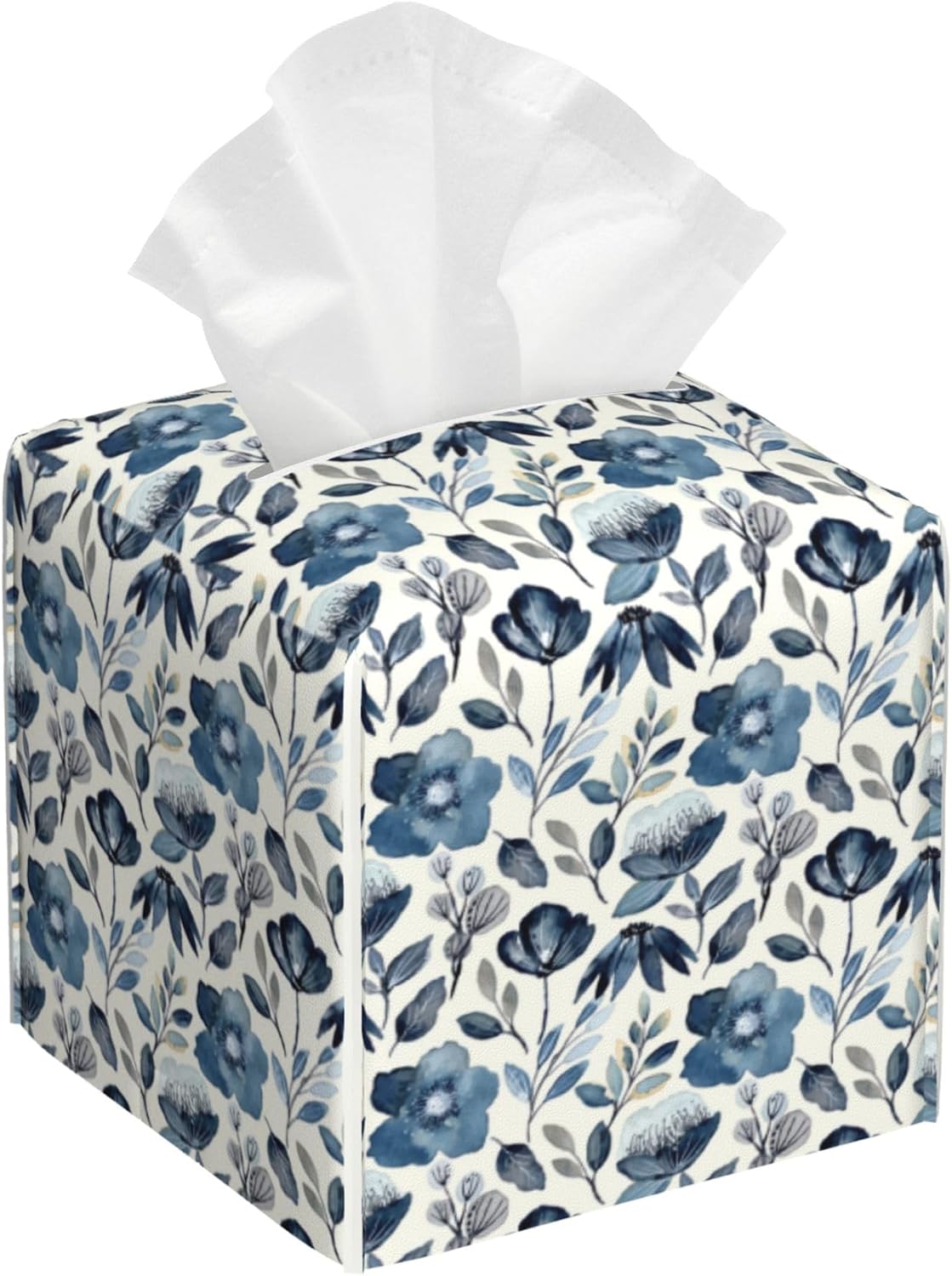 Watercolor Blue Floral Tissue Box Cover Square,Blue Flowers and Leaves Tissue Box Holder Waterproof Leather Facial Paper Organizer Dispenser for Bathroom Home Car Nightstand Vanity Desk