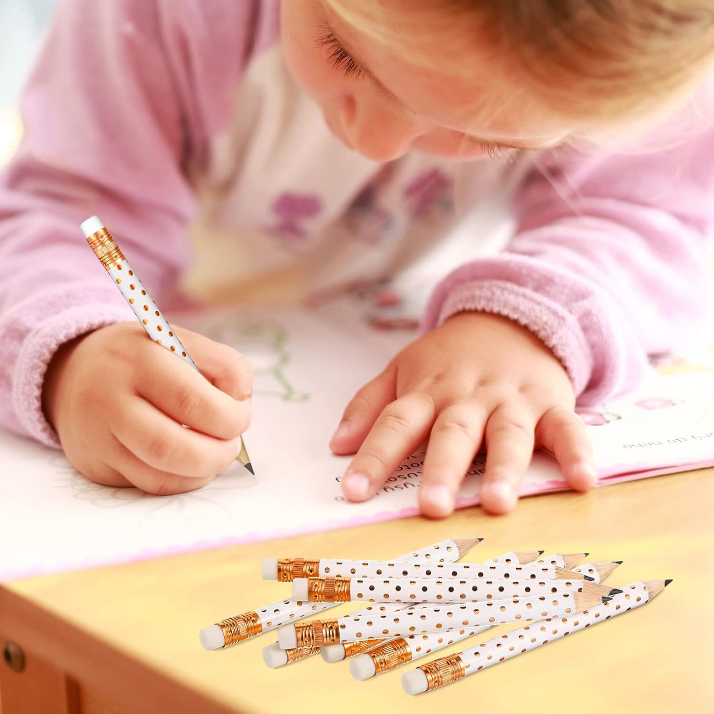 Crtiin 50 Pcs Mini Golf Pencils with Eraser Pre Sharpened 4 Inch Pocket Half Pencils for Bridal Shower Baby Shower Wedding Game School Office Supplies Party Favors Prize Gift(White and Rose Gold,Dot)