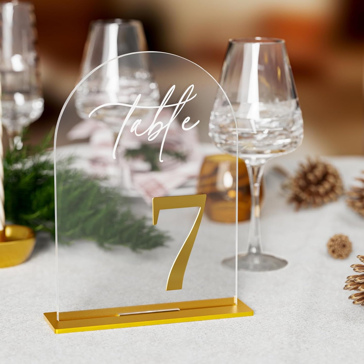 Arch Wedding Table Numbers 1-20 with Stands, Elegant Gold Number 5.5 x 7” Arch Acrylic Signs with Holder, Clear Acrylic Table Numbers for Wedding Reception, Anniversary, Party, Events