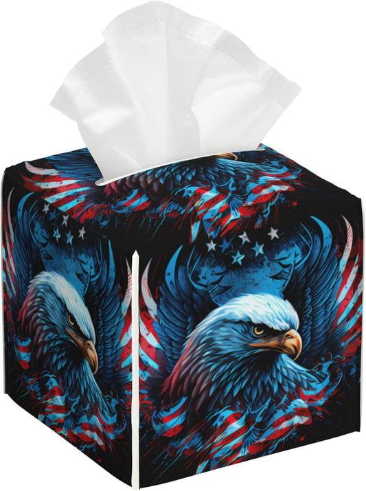 American Flag Eagle Tissue Box Cover Square, The USA Flag Tissue Box Holder Waterproof Leather Facial Paper Organizer Dispenser for Bathroom Home Car Nightstand Vanity Desk