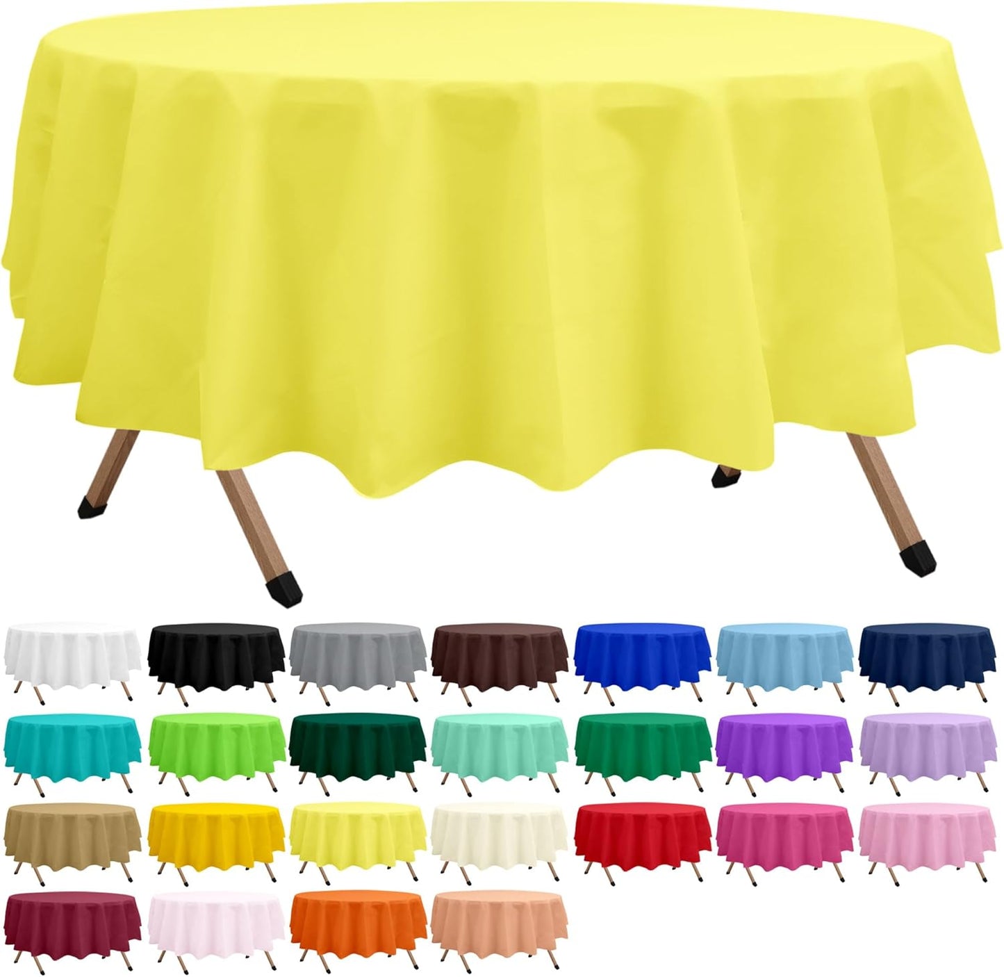 2 Pack Light Yellow Premium Plastic Tablecloth Round 84 Inches Reusable Pastel Yellow Decorative Table Cover for Dining, Wedding, Party, Indoor and Outdoor use