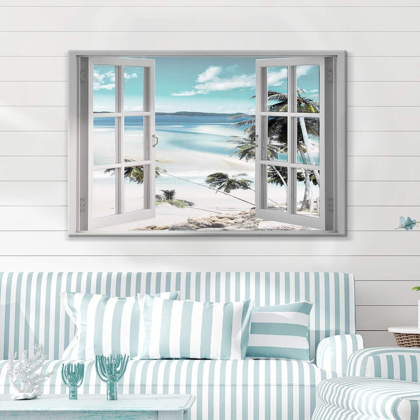 Canvas Windows Picture Wall Art: Beach with Light Blue Coastal Palm Graphic Artwork Print on Canvas Artwork for Living Room (45” x 30” x 1 Panel)