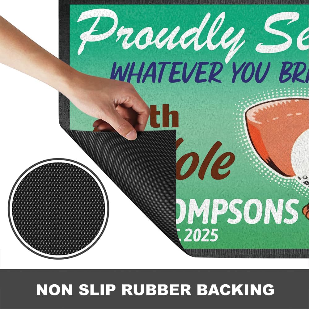 Personalized Golf Doormat – Retro 19th Hole Welcome Mat with Custom Family Name & Year – Proudly Serving Whatever You Bring – Vintage Golf Clubhouse Decor – Non-Slip Outdoor Entry Rug for Golf Lovers