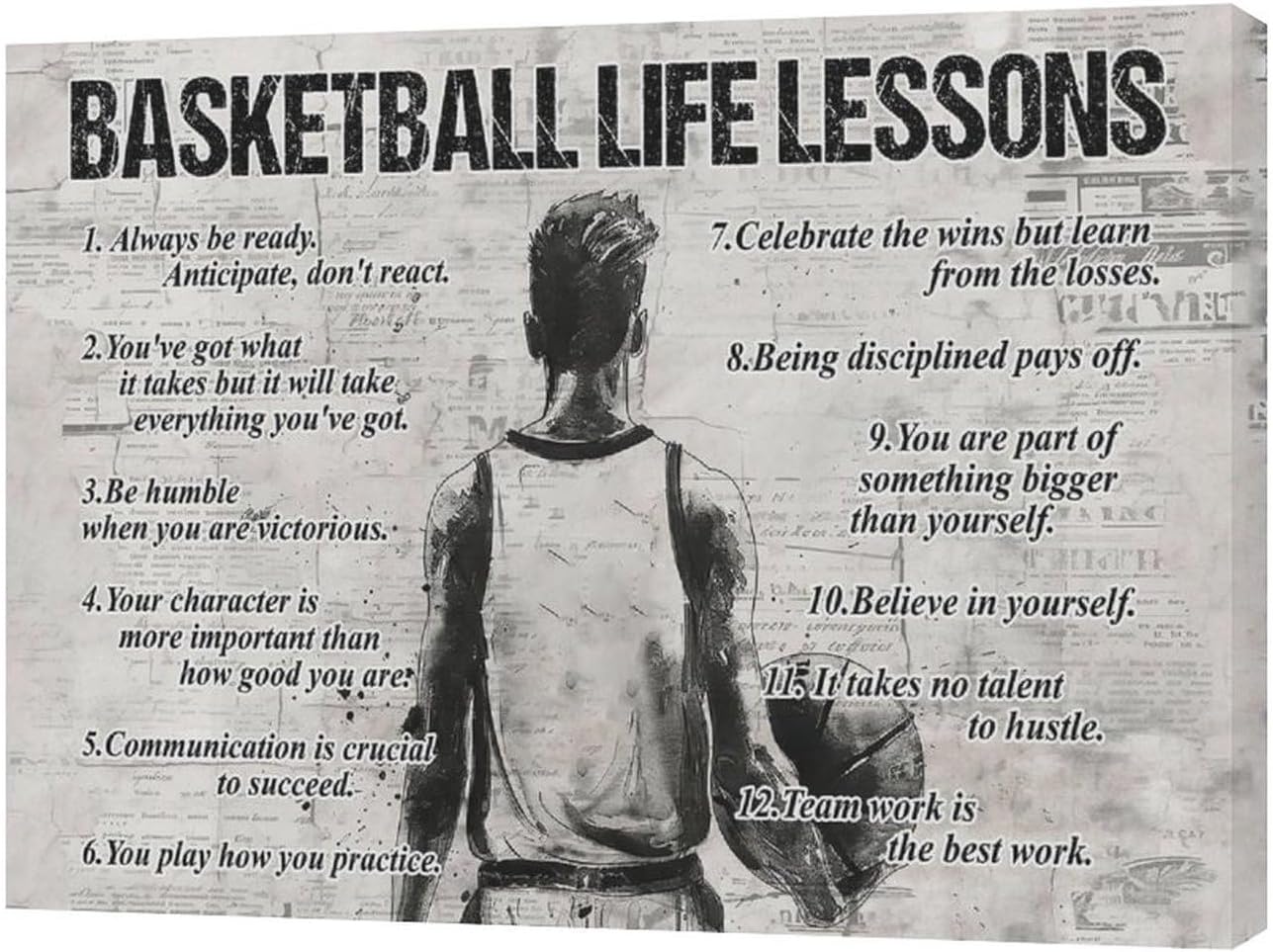 Basketball Life Lessons Wall Art - Sports Sign Retro Poster for Boy Men Room - Motivational Decorations Canvas Print Painting Artwork for Bedroom Bathroom Living Room 16"x12"