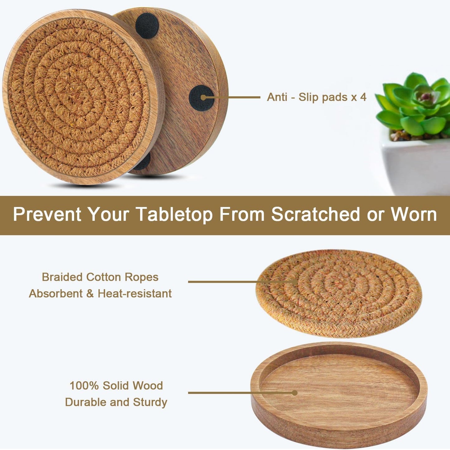 6 Pack Coasters for Drinks Absorbent, 4.3 inches Cork Coasters for Coffee Tables, Wooden Drink Coasters for Table Protection, Cute Coasters for Kitchen, Farmhouse, Bar, and Office (Dark Brown)