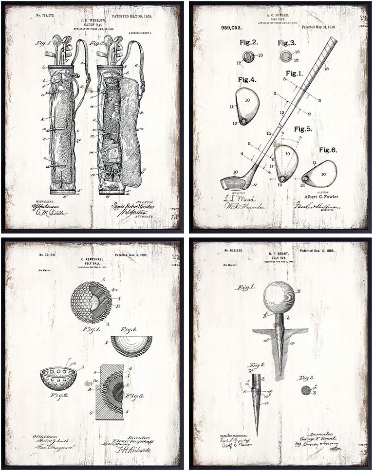 Golf Balls, Clubs, Tees, Bags Patent Print Wall Art - Rustic Room Decor for Office, Man Cave, Den, Living Room - Gift for Men, Teens, Guys, Golfing Sports Fan, Golfer - Sign Print Photo Plaque Set