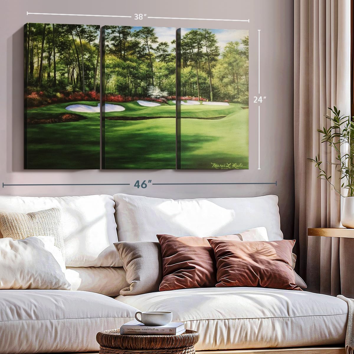 ElephantStock Augusta National 13th Hole I Wall Art - Horizontal Canvas - 3-Piece Living Room Wall Decor - Painting Sports Canvas Print - Green and Red Decor for Wall by Marci Rule - 38" X 24"