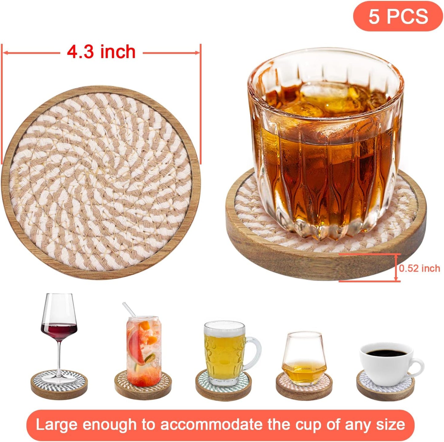 5 Pack Absorbent Coasters for Drinks, 4.3 Inches Cork for Coffee Tables, Wooden Drink Protection, Cute for Kitchen, Farmhouse, and Office (Colorful Series)