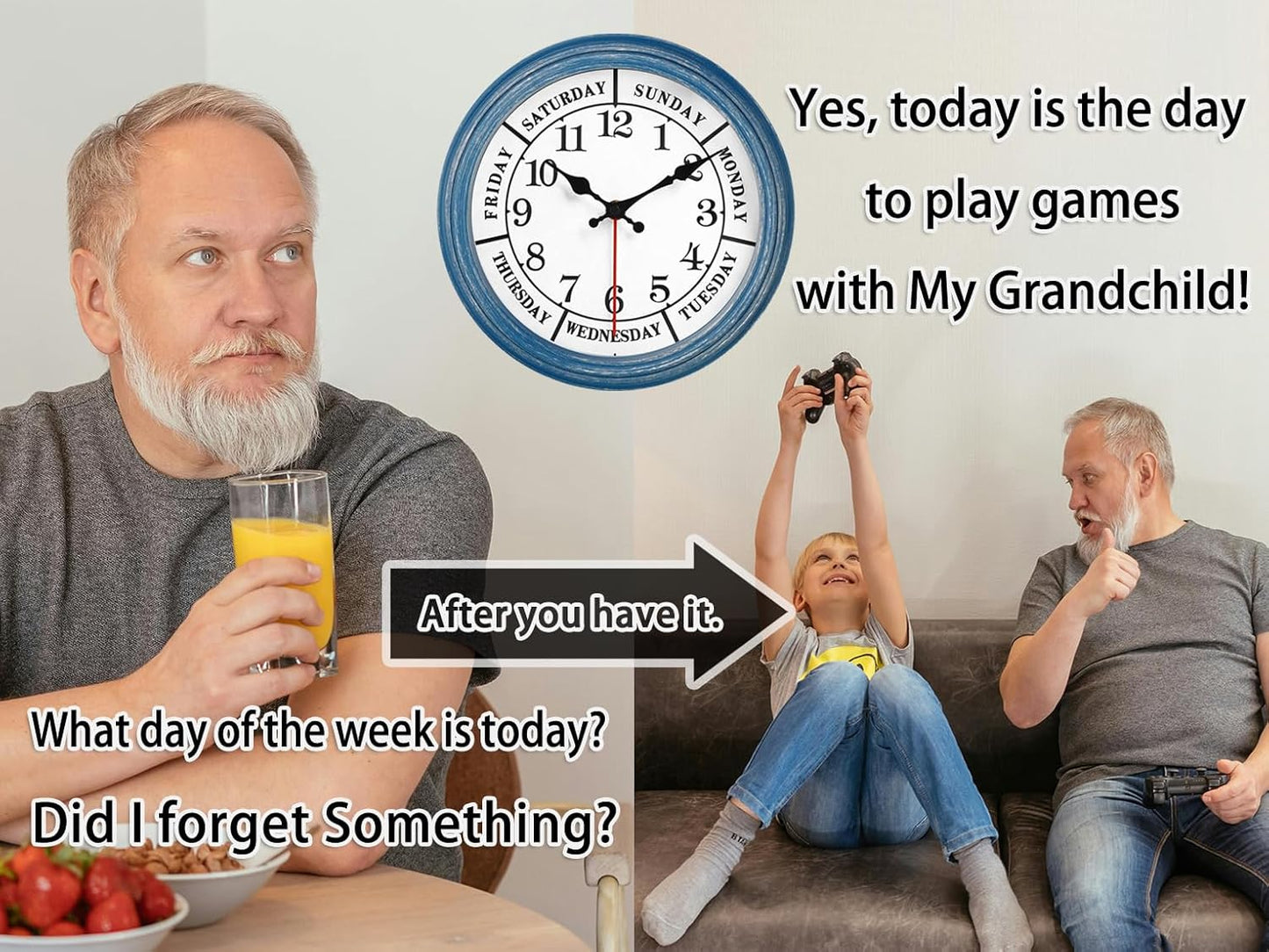 JENLYSTIME 12 Inch Retro Wall Clock,Classic Day of The Week Wall Clock,Silent Non Ticking Battery Operated Movement(Blue)