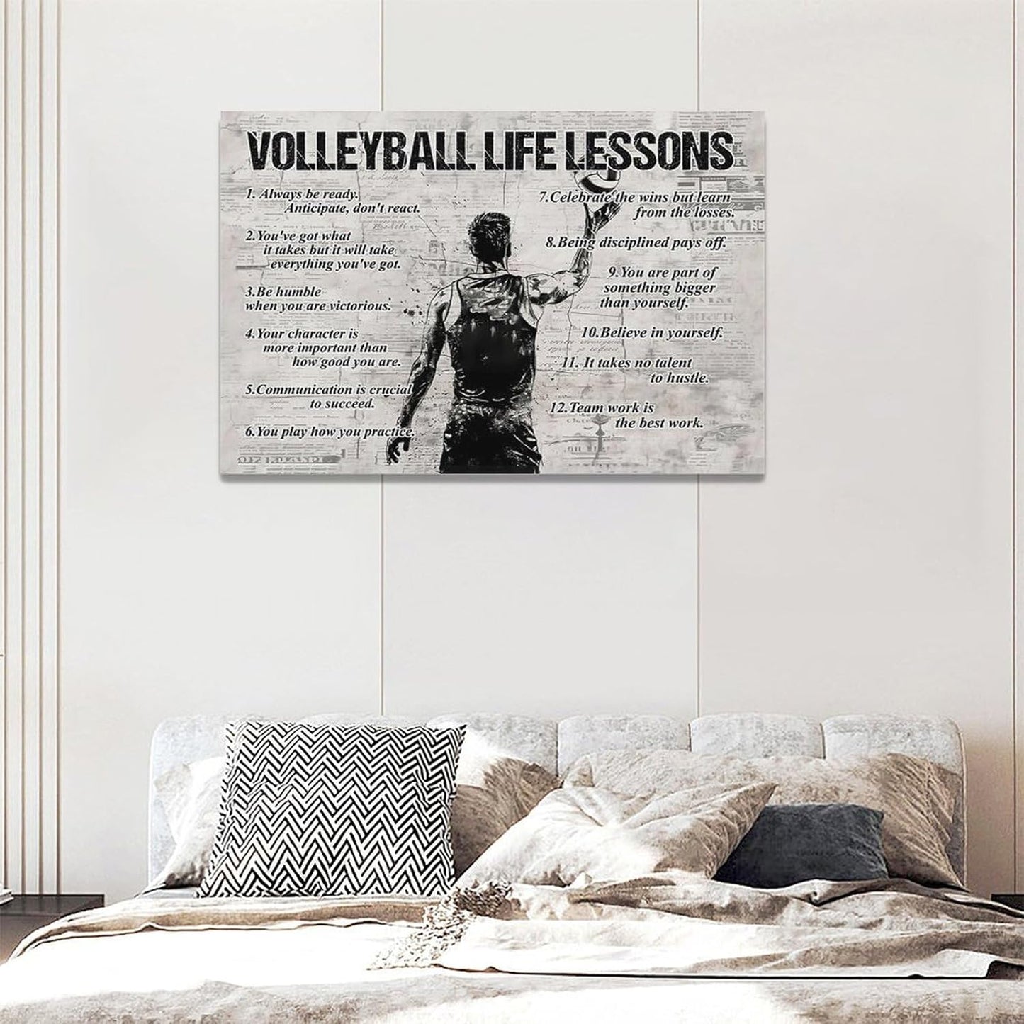 Volleyball Sports Wall Art Volleyball Life Lessons Wall Decor Volleyball Sign Retro Poster Boy Men Room Motivational Decorations Canvas Print Painting Artwork for Bedroom Bathroom Living Room 24"x16"