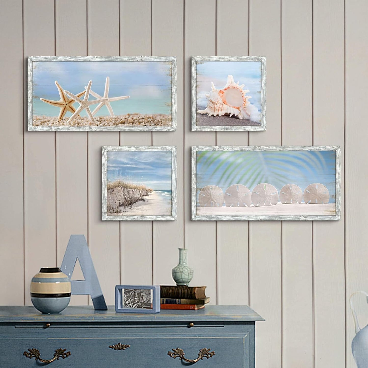 Starfish Prints Wooden Wall Art: Ocean Art Set of 4 Seashell Pictures Collection Beach Framed Wall Decor for Bedroom Overall 36"W x 24"H
