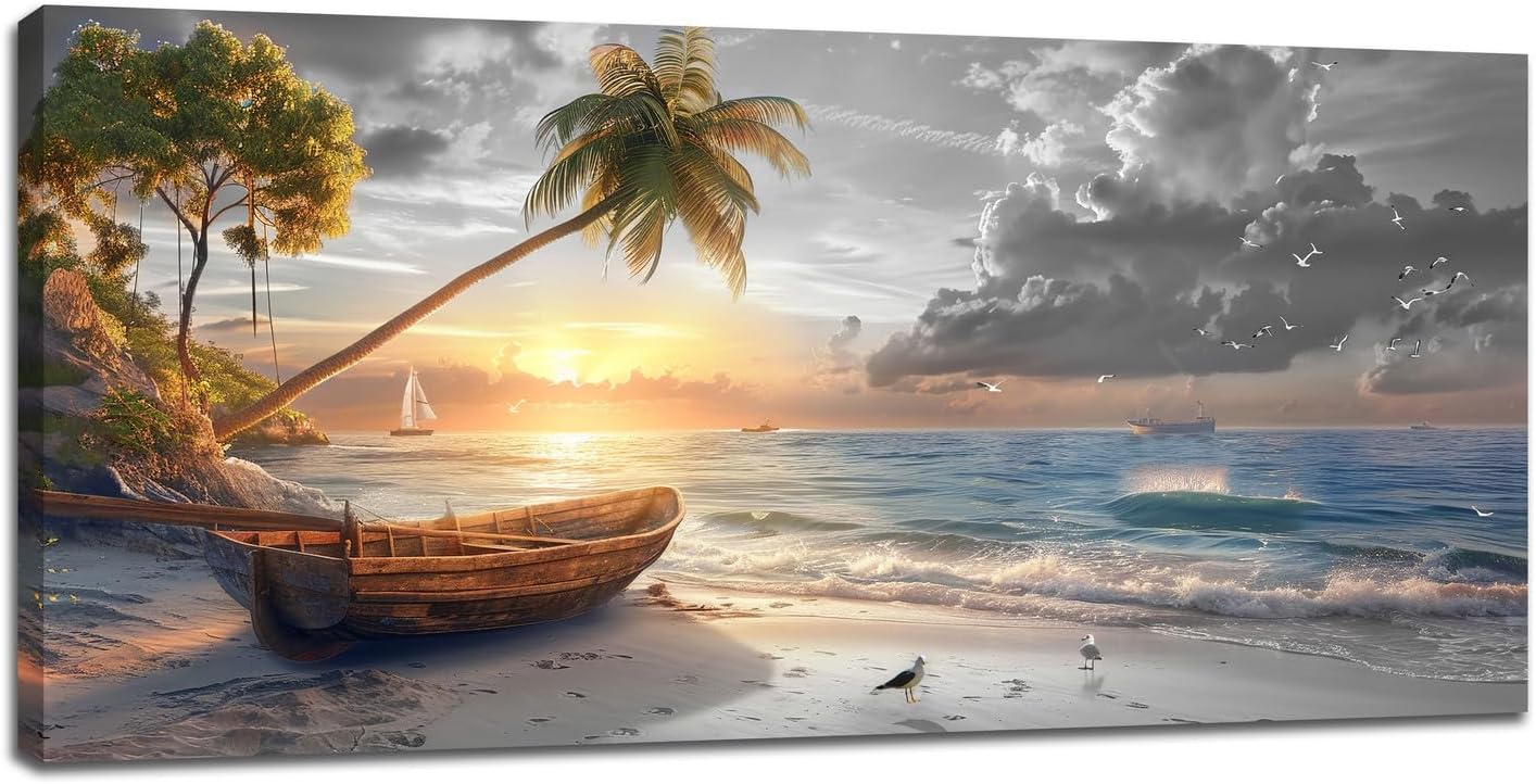 Large Coastal Living Room Wall Art Summer Beach Canvas Wall Decor Black White Ocean Seascape Pictures Painting Hawaii Scenery Home Decoration Giant Boat Seagull Artwork for Bedroom Framed 30"x60"