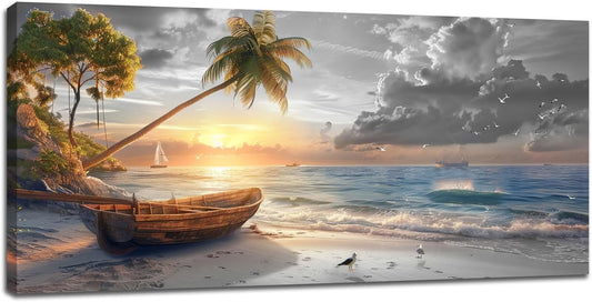 Large Coastal Living Room Wall Art Summer Beach Canvas Wall Decor Black White Ocean Seascape Pictures Painting Hawaii Scenery Home Decoration Giant Boat Seagull Artwork for Bedroom Framed 30"x60"