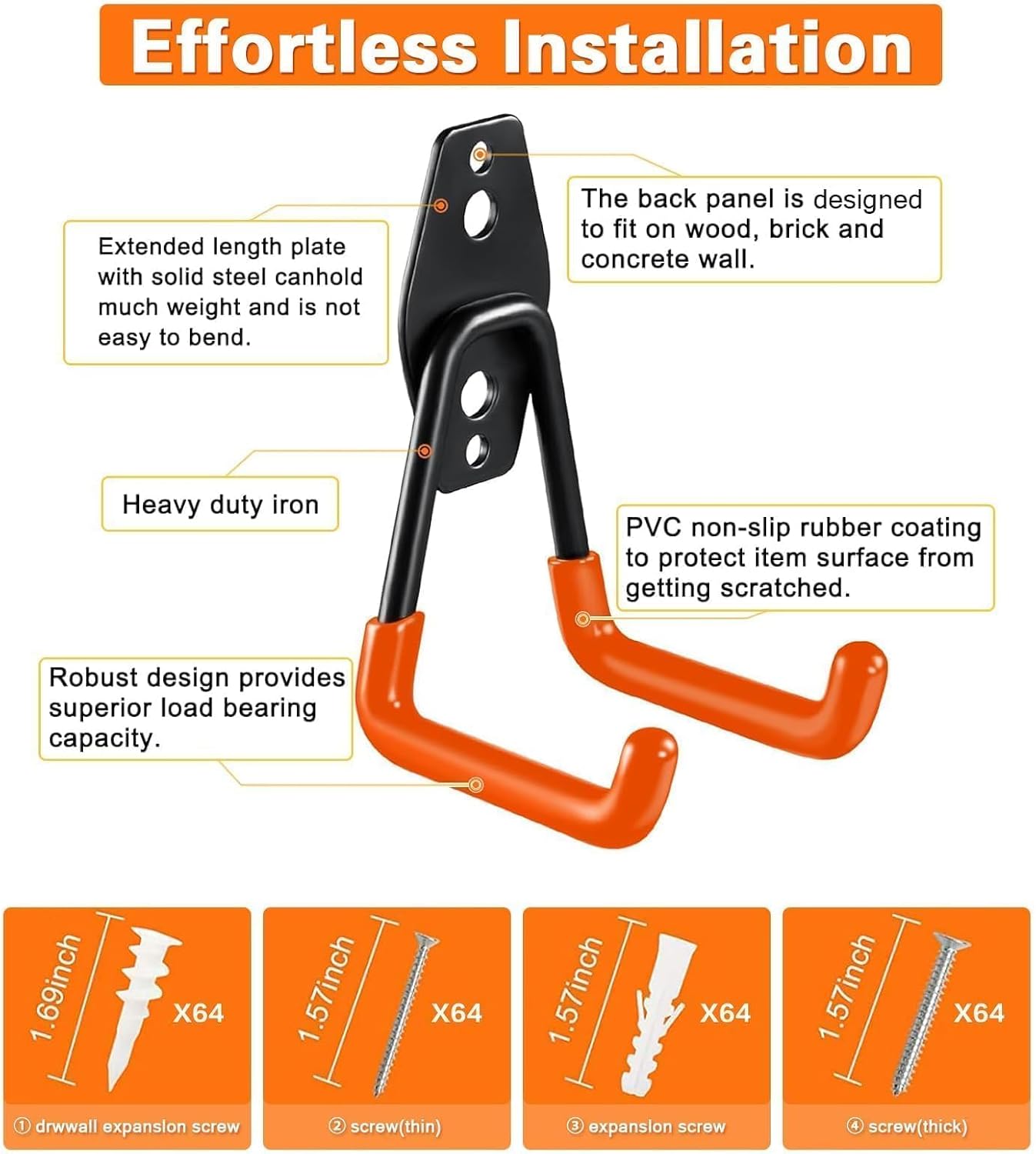 Steel Garage Storage Hooks - 32 Pack Anti-Slip Coating, Heavy Duty Wall Mount Wall Hooks for Hanging Bike, Ladder, Garden Tools, Power Tools, Bulk Items Ropes, Utility Garage Organization Housolution