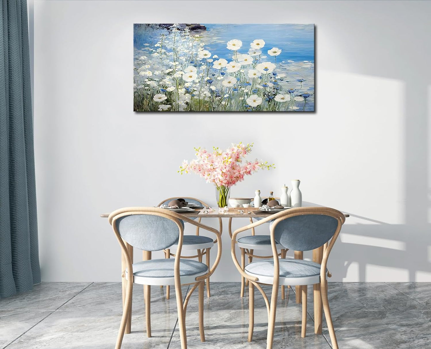 dgbtcart White Daisy Flower Wall Art Picture Decor, 3D Blue Texture Landscape Painting Modern Artwork Canvas Print for Living Room Bedroom Office Home Decoration - 20"x40"